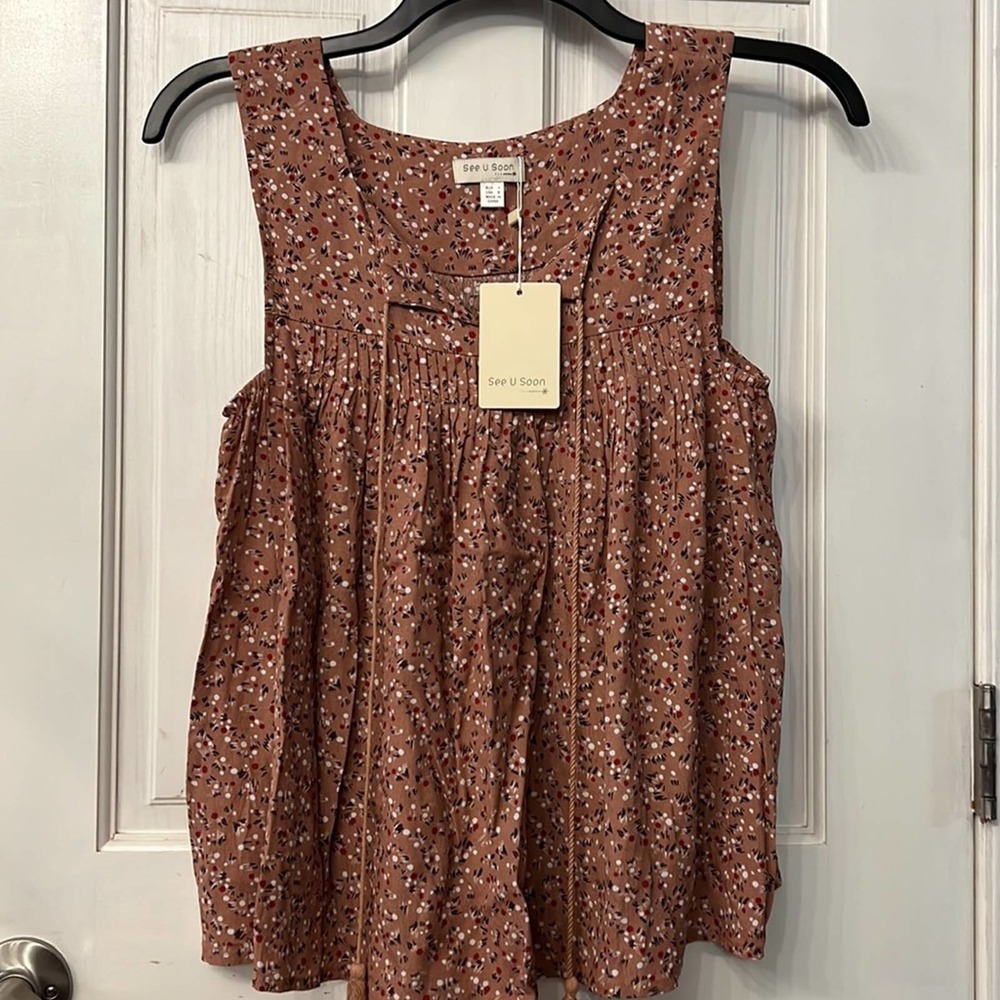 See U Soon Blouse Sleeveless Pullover Brown Floral Tie at Neck Pleats Babydoll S